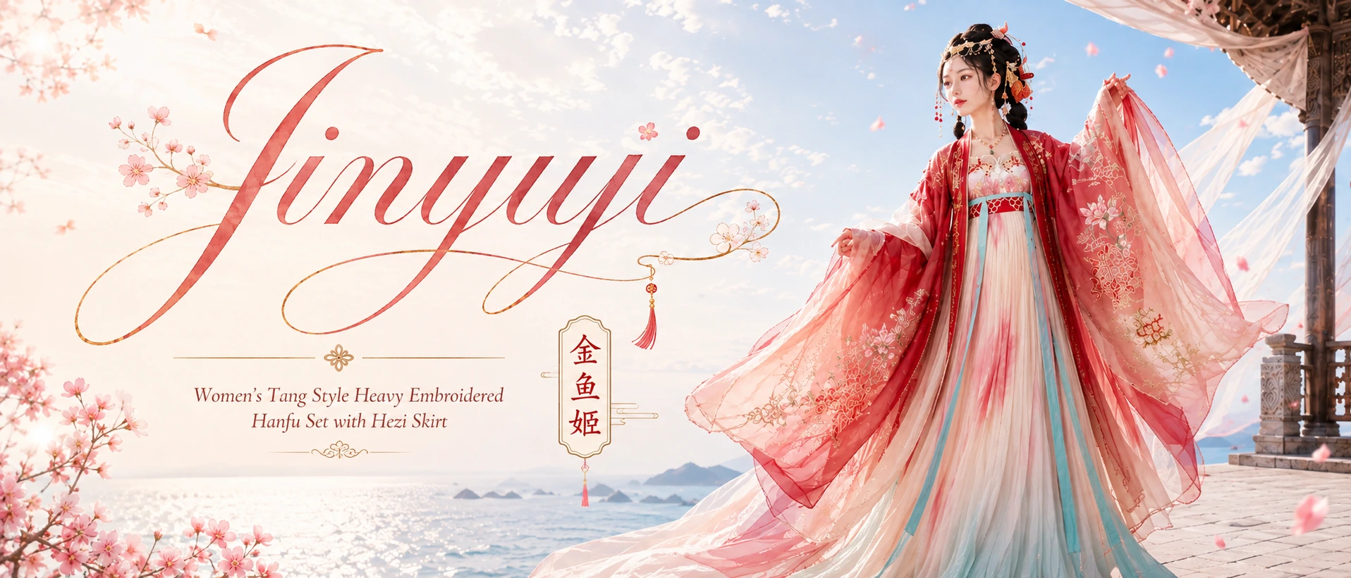 Jinyuji Hanfu banner featuring a woman in an ornate red, pink, and aqua Hanfu by the sea
